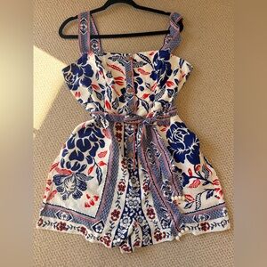 Rachel Zoe Cream and Red Textured Romper with wood buttons